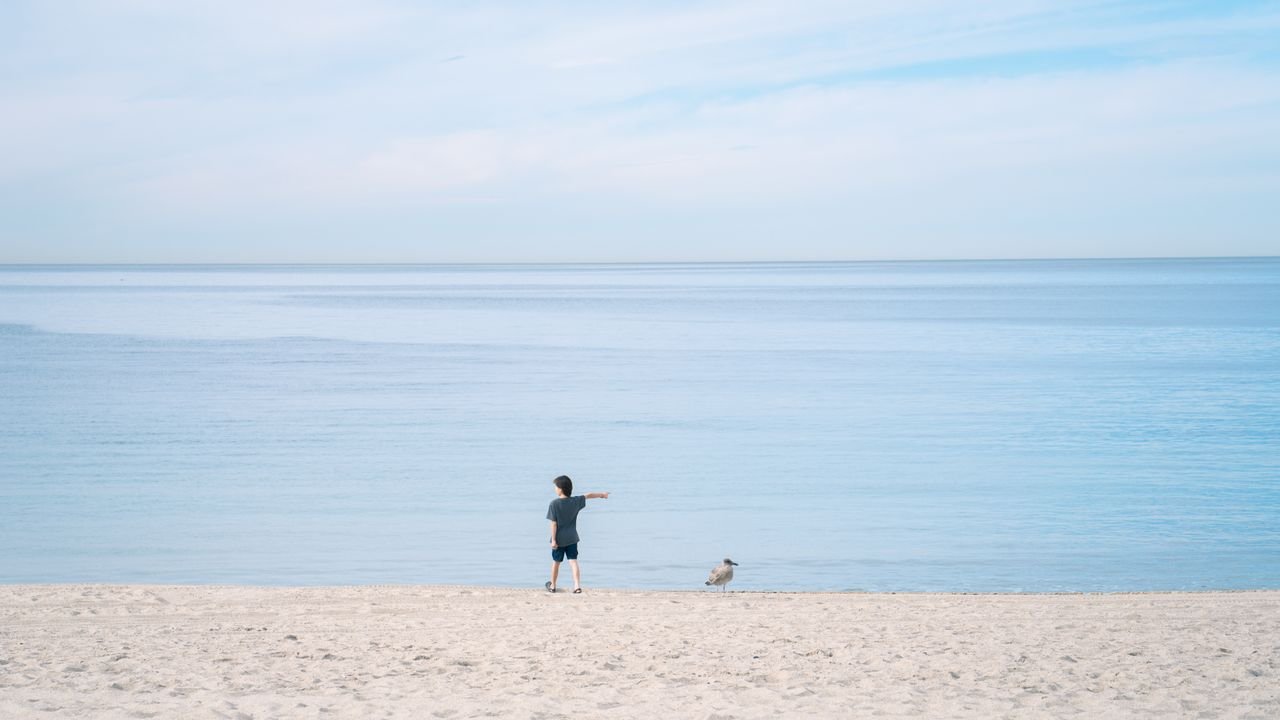 The Art of Drawing Readers In: Your attractive post title goes here A child on Manhattan Beach pointing towards the ocean under a clear blue sky.